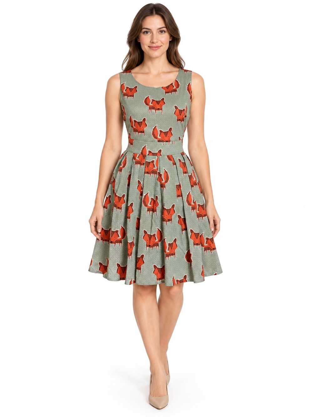 Sleeveless Midi Dress in Sage Green with Red Fox Print